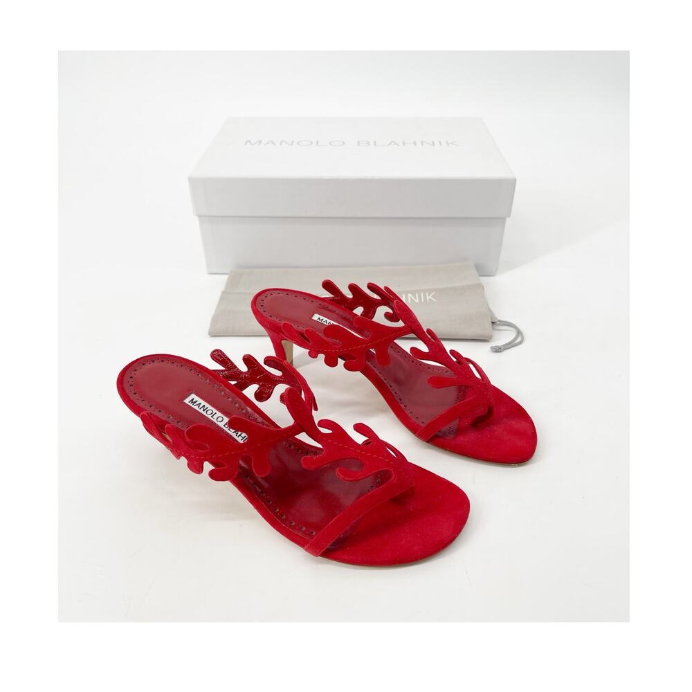 Manolo Blahnik Hidrag 50 Red Suede Leaf Thongs Mule Kitten Heel Sandals IT 36